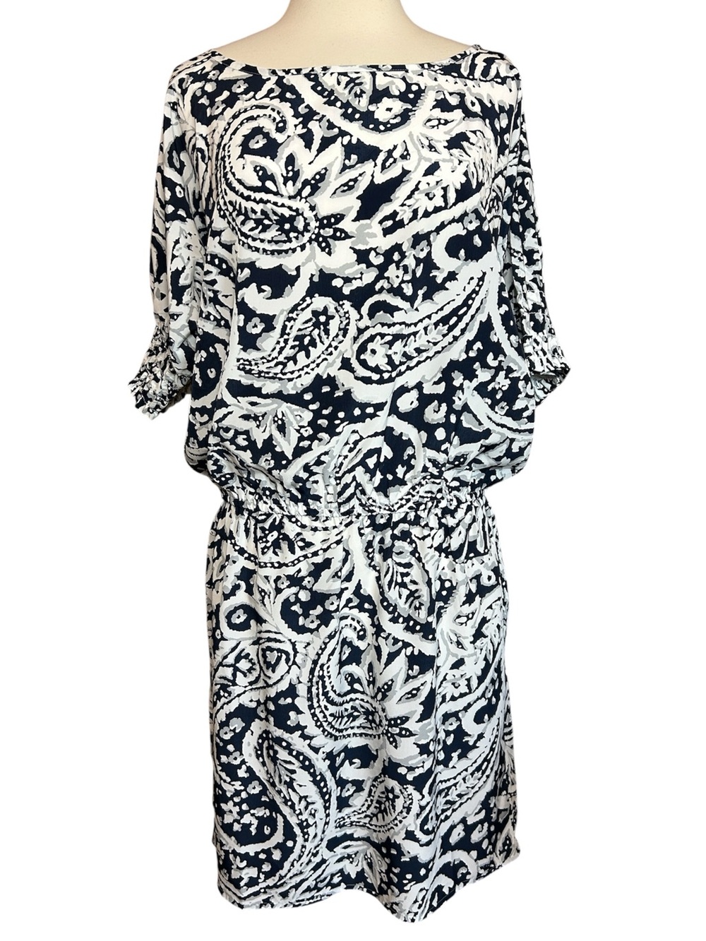 Loft Navy & White Paisley Boatneck Dress Dolman style short sleeve size 10